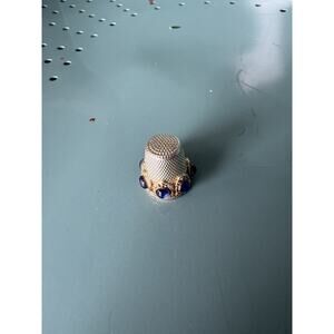Vintage Gold Silver Tone Thimble Ornate Blue Cabochon Stones Collectible Sewing
